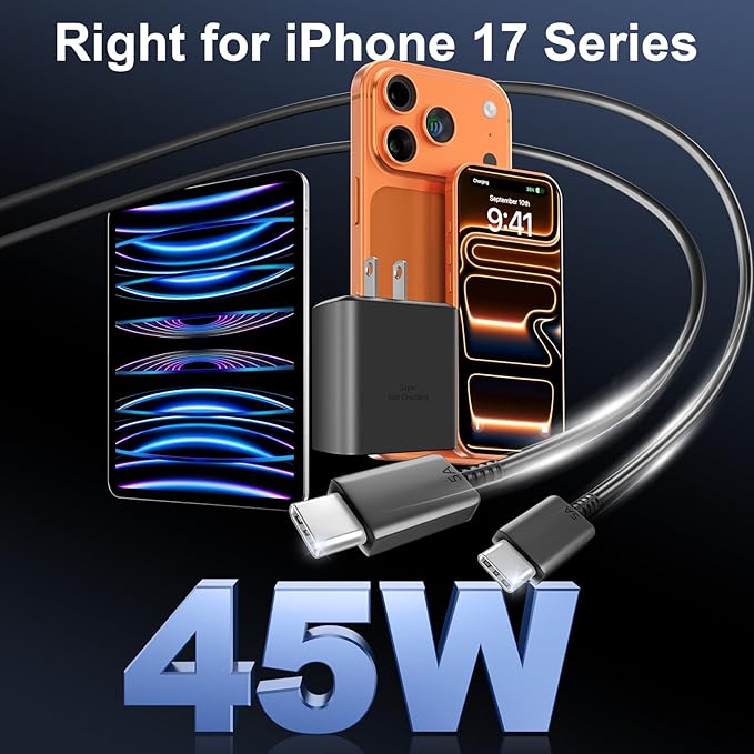 Phone 17 16 Pro Max Charger Fast Charging, 45W USB C Phone 17 16 Super Fast Charger Block with 10ft Long Type C Charging Cable Cord for i.Phone 17 Pro Max/17 Pro/17 Air/17/16/16Pro/16 ProMax-Black