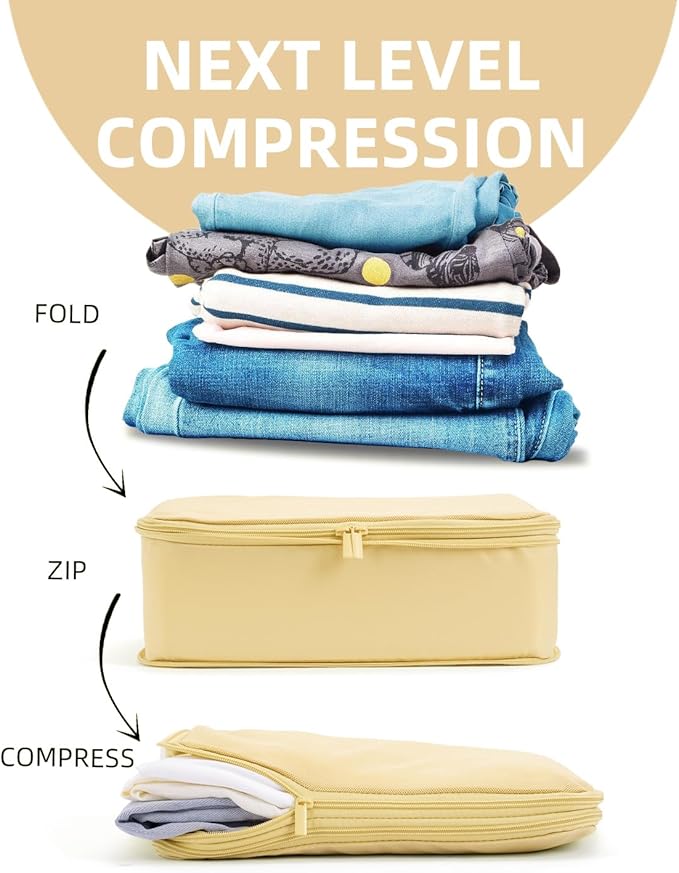 6 Set Compression Packing Cubes for Travel, Large Medium Small Luggage Organizers (Bright Yellow)