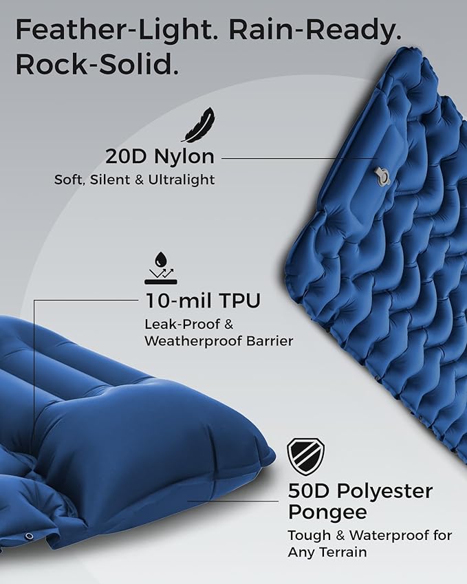 KingCamp Sleeping Pad for Camping, Ultralight Connectable Inflatable Sleeping Pad Camping Mattress with 6.3" Built-in Pillow & Foot Pump for Backpacking Hiking Tent Cot