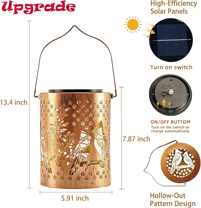 Cardinal Solar Lantern Outdoor Waterproof, Large 13.4" Metal Decorative Hanging Lantern, Oversized Solar Panel & 2000mAh Battery, Warm Glow for Garden Decor & Patio Ambience – Memorial & Sympathy Gift