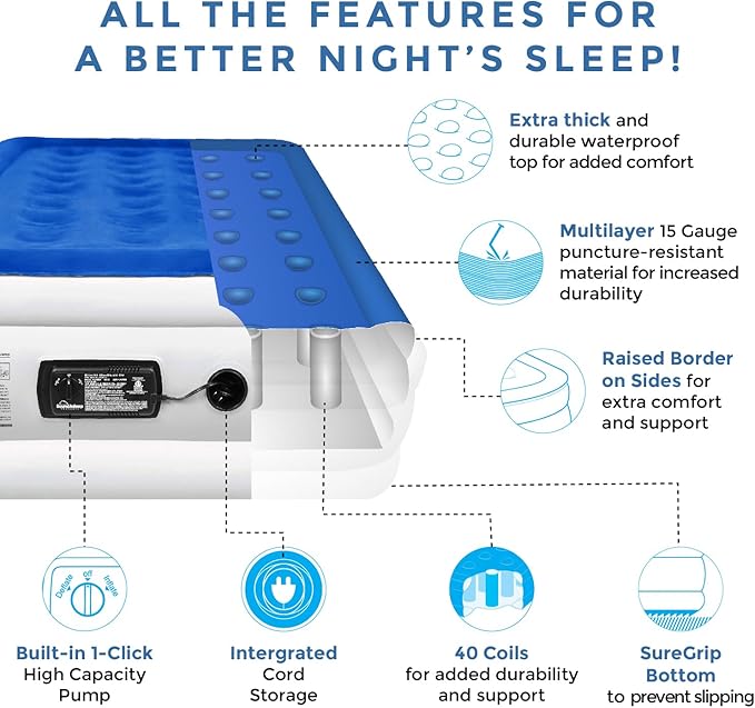 SoundAsleep Products Dream Series Luxury Air Mattress, ComfortCoil Technology, Built-in High Capacity Pump for Home, Camping- Double Height, Adjustable, Inflatable Blow Up, Portable - Twin XL Size