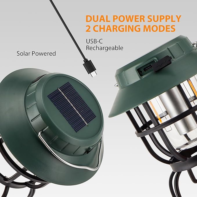 TRIROCKS Set of 2 LED Solar Camping Lantern Dimmable Rechargeable Lantern IPX3 Water-Resistant Portable Emergency Lights Outdoor Camping Lights for Camping Home Power Outage Hurricane Hiking (Green)