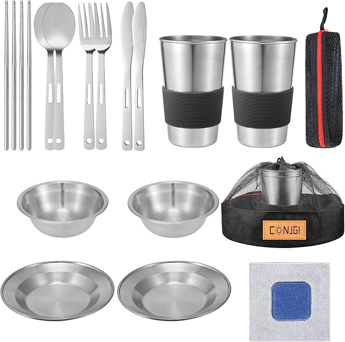 Outdoor Camping Mess Kit - 1 to 2 persons Camping Dishes Includes Cups, Bowls, Dishes, Knives, Forks, Spoons, Etc, Camping Dinnerware Set with Mesh Bag is Easy to Carry Camping Tableware Set