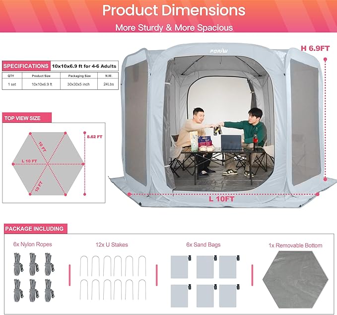 Porayhut Pop up Screen House Tent Sun Shelter with Breathable Mesh Doors,Portable Camping Tent with Detachable Waterproof Floor,10x10FT Screen Canopy Outdoor for Family Friends Party