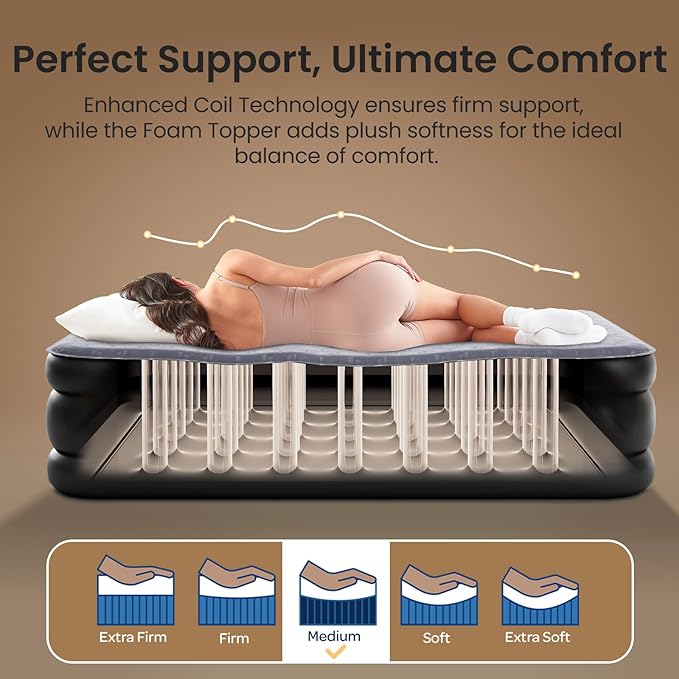 OhGeni 20" Luxury Queen Air Mattress with Built-in Pump, Inflatable Bed with Silk Foam Topper for Superior Comfort, Premium Blow-Up Mattress for Home, Camping & Guest, Easy Setup, Extra Support, Black