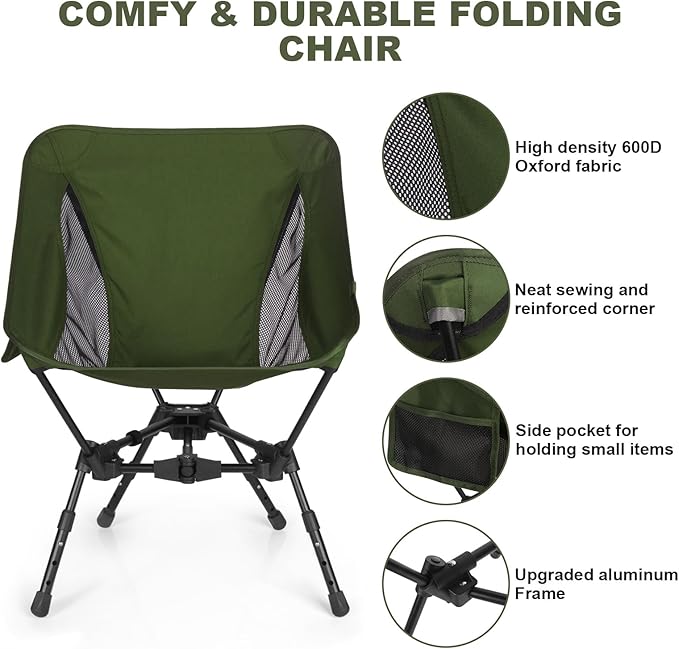 MINGPINHUIUS Portable Camping Chair Backpacking Chair: Ultra Light Height Adjustable Foldable Outdoor Chair Setup in Fast Upgraded Aluminum Frames for Picnic Festival Outside Travel (Military Green)