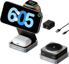 【2025 Upgraded】 Magnetic Wireless Charger 3 in 1, Foldable Charging Station with Night Light for Apple MagSafe Charger, Travel Charger Stand, Nightstand Fast 15W Charging Station (with Adapter)
