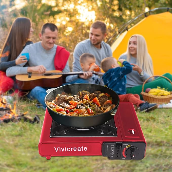 Vivicreate 8500 BTU Portable Butane Gas Stove for Camping Cooking Outdoor, Lightweight Portable Stove Burner with Auto Ignition, Estufa de Gas Portátil para Camping al Aire Libre(Red)