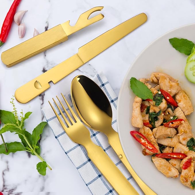 Picnic Silverware Gold Camping Cutlery Fork Knife Spoon Bottle Opener 4 Pieces Flatware Utensil Kit Foldable for Outdoor Kitchen Daily Use Easy To Clean