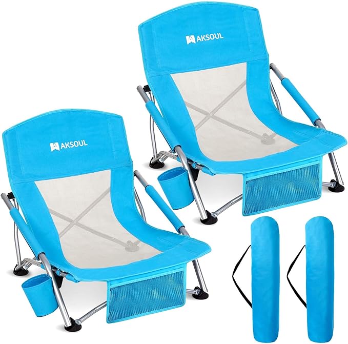 AKSOUL Folding Beach Chair for Adults: Low/High Back Chairs with Carry Bag - Extra Wide Seat Chair with Comfortable Pillow & Storage Pocket (1 Pack & 2 Pack, Blue)