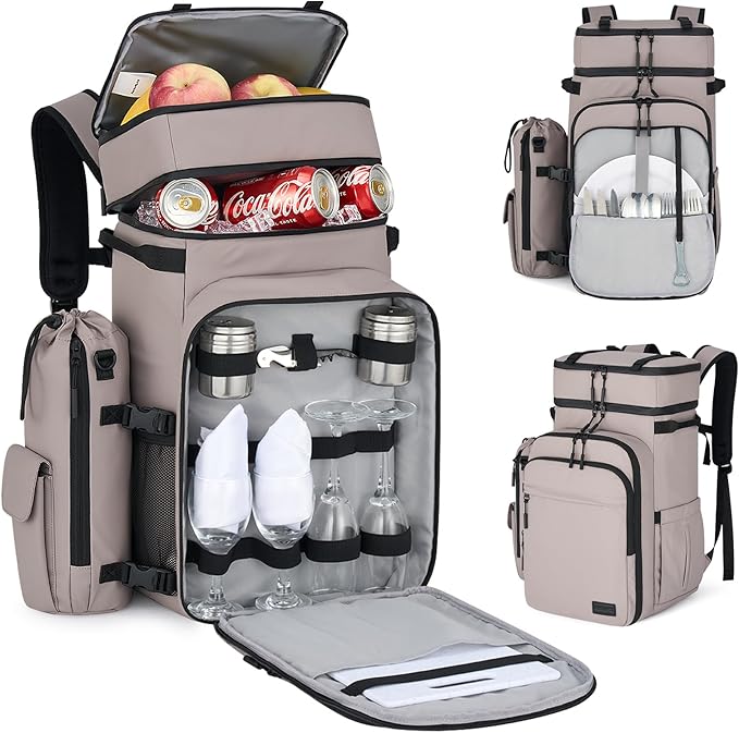 Backpack Cooler, 40 Cans Soft Leak Proof Picnic Backpack, Hanke Portable 2 Insulated Compartments Cooler Backpack Water Resistant for Lunch Beach Travel Camping Picnic Hiking (Grey)