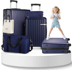 Hoteel 5 Piece Luggage Set (4-YEAR WARRANTY) ABS+PC Hardshell Carry on Suitcase with Spinner Wheels & TSA Lock for Men and Women, Rolling Suit Case for Plane, Travel, Dark Blue (20/24/28/DB/TB)