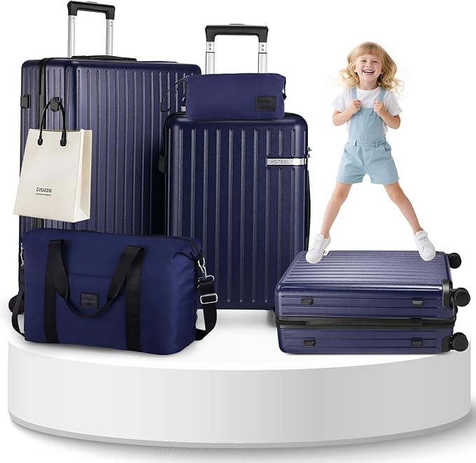 Hoteel 5 Piece Luggage Set (4-YEAR WARRANTY) ABS+PC Hardshell Carry on Suitcase with Spinner Wheels & TSA Lock for Men and Women, Rolling Suit Case for Plane, Travel, Dark Blue (20/24/28/DB/TB)