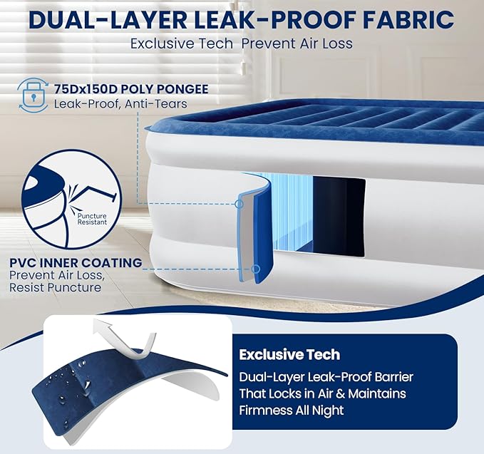 KINGJERRY Twin XL Air Mattress with Built-in Pump, 18" Raised Comfort, Upgraded 80" Length, Dual-Layer Leakproof, Support 500 lbs, 2 Min Inflation, Inflatable Blow-up Bed for Home Camping Guests