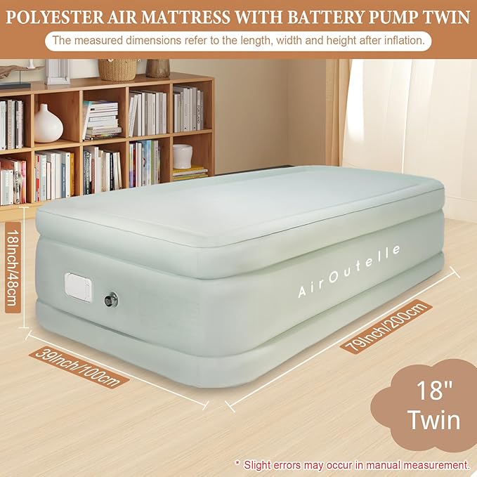 Air Mattress Twin with Built in Pump, with A Rechargeable USB-C Electric Bettery Pump, Self Inflatable Bed, Fiber-tech Puncture Resistant Air Bed for Camping, Indoor and Outdoor (18" Twin, Green)