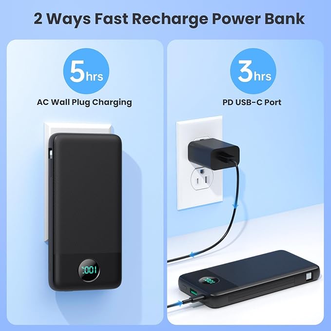 Portable Charger USB C Power Bank with 2 Built in Cables & AC Wall Plug,13800mAh Portable Battery Pack Fast Charging Compact LED Display Universal Compatible with iPhone 16/15,Galaxy S23,Tablets etc