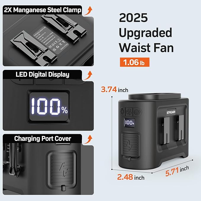 KITWLEMEN 14500mAh Portable Waist Fan - Personal Clip on Belt Fan, Dual Air Outlet, 5 Speed 35H Cooling, Rechargeable Battery Operated, Wearable with Lanyard & Light for Camping, Travel, Jobsite