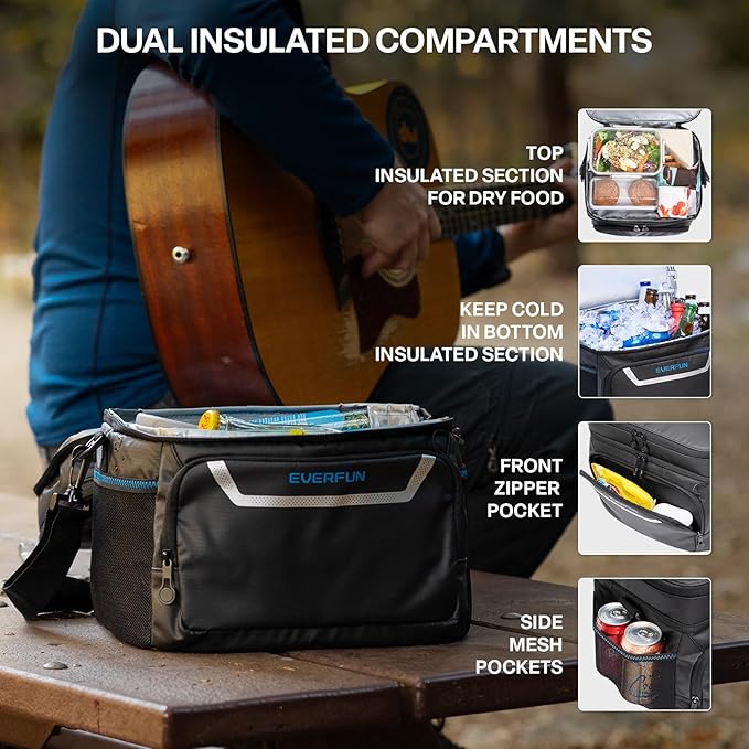 EVERFUN Small Cooler Lunch Box Mini Leak-Proof Soft Double Deck 24 Can Personal Insulated Collapsible Portable Waterproof Lunch Bag Ice Chest for Men Women Work Travel Car Picnic Beach