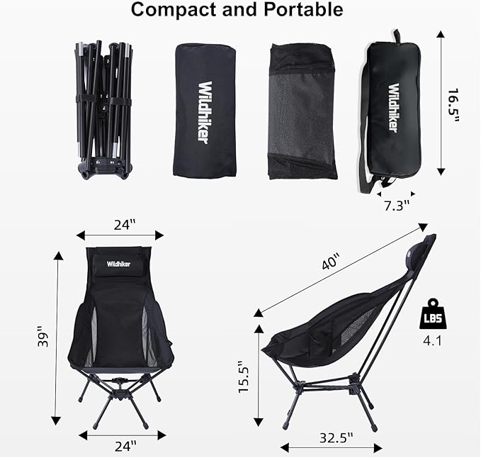 Wildhiker Portable Compact Folding Camping Chairs – Lightweight High Back with Pillow, Deep Recline, ArmPads, Side Pockets-for Motorcycle, RV, Backpacking,Travel，Festival – Black