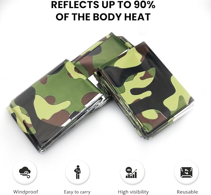 Primacare CB-6842-10 Pack of 10 Emergency Foil Mylar Thermal Blanket Camouflage, 84" Length x 52" Width