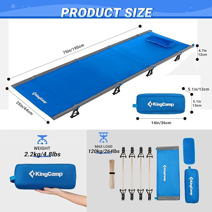 KingCamp Camping Cots for Adults Outdoors Backpacking,Folding Ultralight Heavy Duty Sleeping Cots Compact Portable Cot for Travel Hiking,Indoor Base Camping Bed with Storage Bag and Pillow, Blue