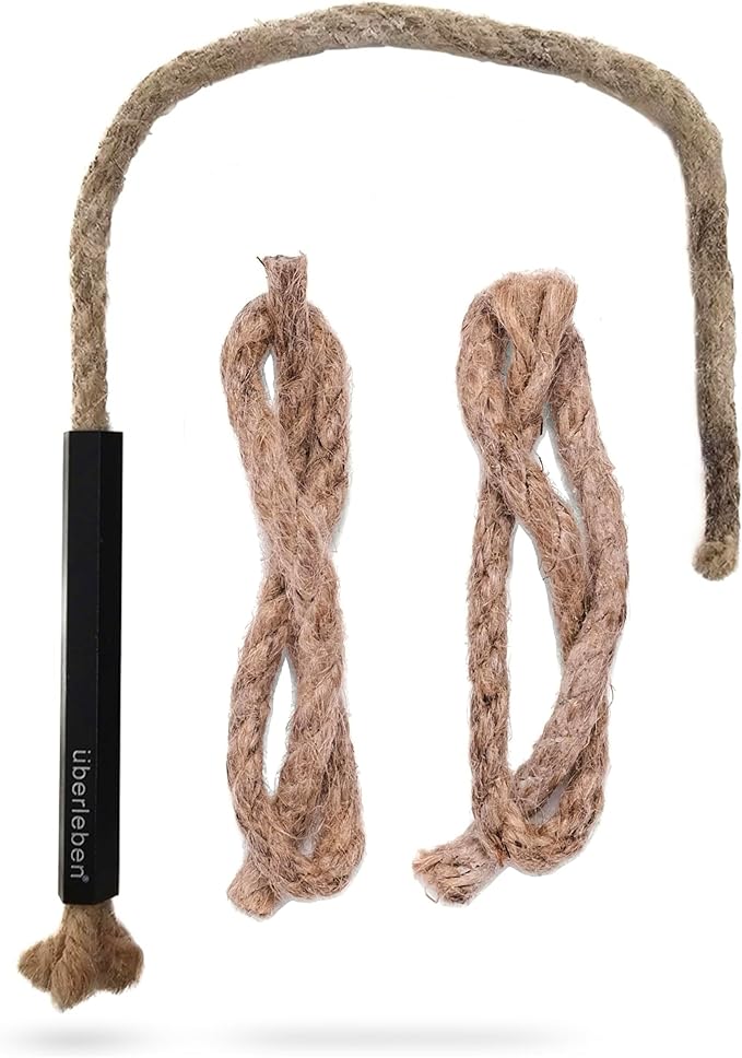 Überleben Tindår Tinder Fire Starter Kit, Wicker Rope Kit - Fire Starter Survival Tool Kit, Waterproof, 60 Min Burn Time - Paraffin Wax Rope Hemp Wick & Bellow - Black Aluminum Sleeve & Slider Box