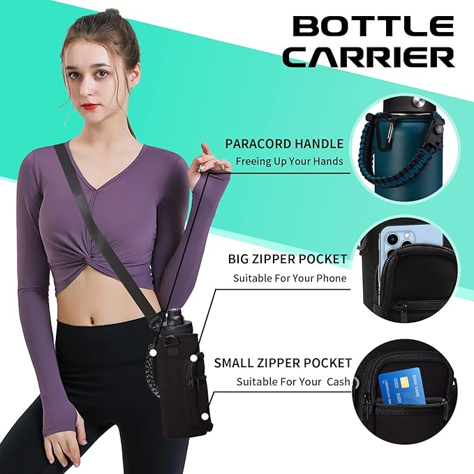 Vacuum Insulated Water Bottle 40oz - with Straw & Spout Lids, Paracord Handle, Shoulder Carrier Bag, Sport Stainless Steel,Double-Wall Metal Water Bottle Thermo Hydro Mug Flask