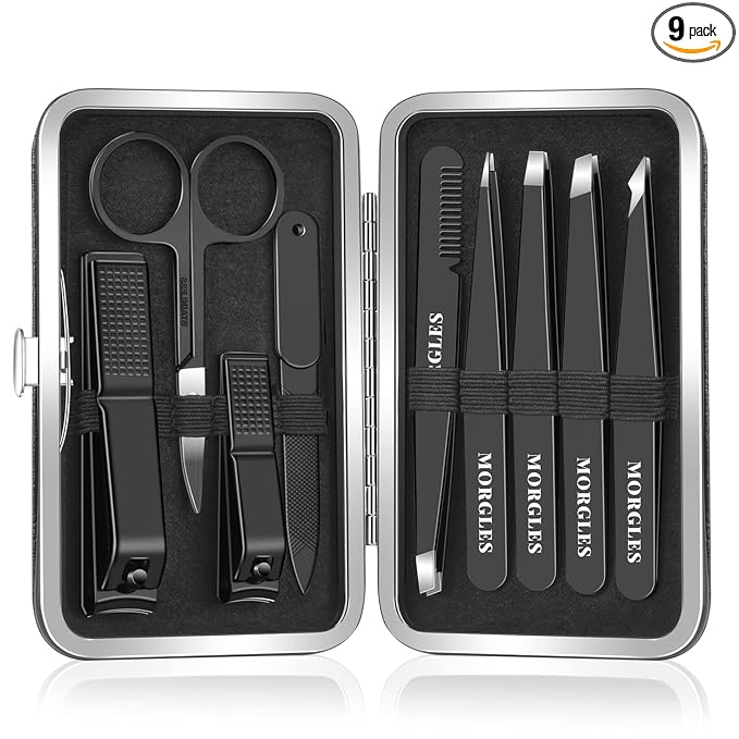 MORGLES Tweezers Set and Nail Clippers, 9 Pcs Stainless Steel Tweezers Kit for Men Professional Manicure Set for Men Grooming Kit With Leather Travel Case
