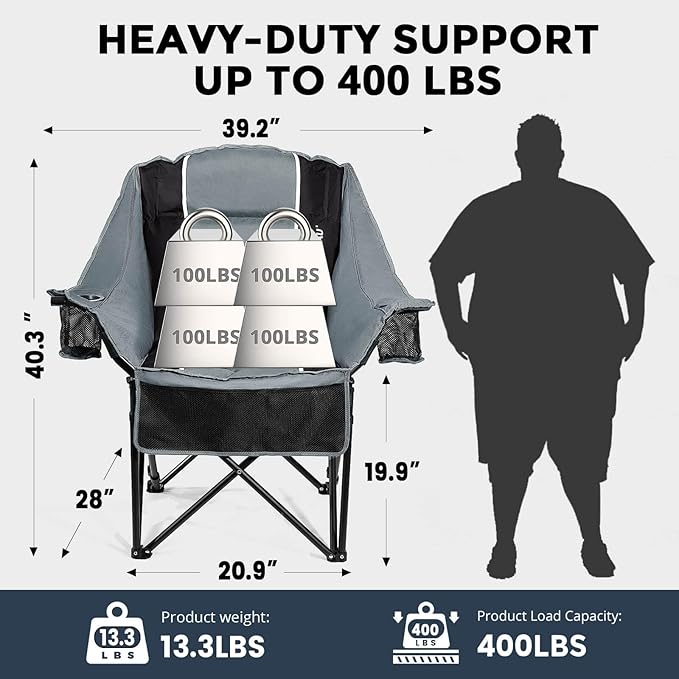 Oversized Camping Chair for Large Adults Heavy Duty 400 lbs Capacity, Comfortable Padded Folding Lawn Chair with Back & Headrest Support and Cup Holder, Portable Outdoor Chair with Carry Bag