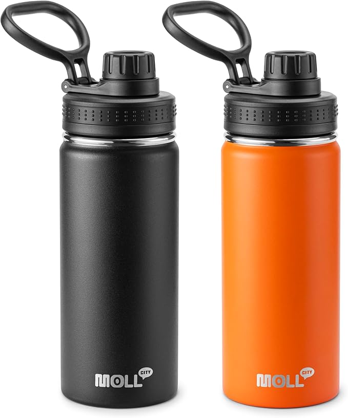 16 oz Water Bottle Stainless Steel Vacuum Insulated Wide Mouth Sports Flask, 2 Pack Water Bottle with Leakproof Spout Lid (Orange-Black)