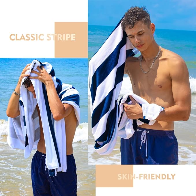 Exclusivo Mezcla 4 Pack Cotton Oversized 35x70 Inches Soft Cabana Stripe Thick Beach Towel, Super Absorbent Travel Bath Pool Towel (Dark Navy)