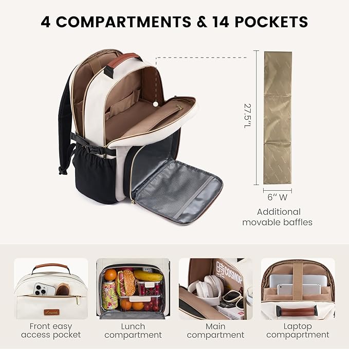 LOVEVOOK Lunch Backpack with Lunch Compartment,17 Inch Laptop Work Travel Insulated Cooler Backpack, Waterproof College Teacher Lunch Bag Box with Tumbler Holder,Gifts for Men Women,Khaki-Coffee-Black