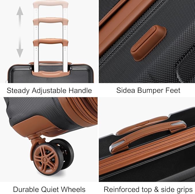 Kono 4 Piece Luggage Sets Expandable(only 28") Lightweight with Spinner Wheels TSA Lock Hardside Travel Rolling Suitcases 20in 24in 28in Carry on and 12in Mini Cosmetic Case Apricot Black