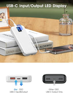 Portable Power Bank, 12000mAh 22.5W Fast Charging Phone Charger with Built-in Cables & Wall Plug, Travel Essential Battery Pack with LED Display, USB C Battery Charging Bank for iPhone, Samsung White