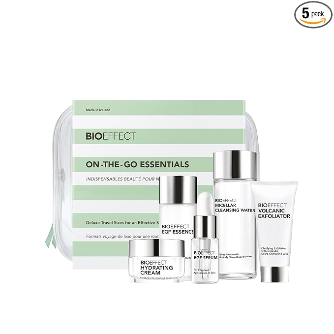 BIOEFFECT On-the-Go EGF Skincare Set | Age-Defying TRAVEL KIT with Growth Factor Serum, Hydrating Cream, Essence Toner, Micellar Cleanser & Volcanic Exfoliator