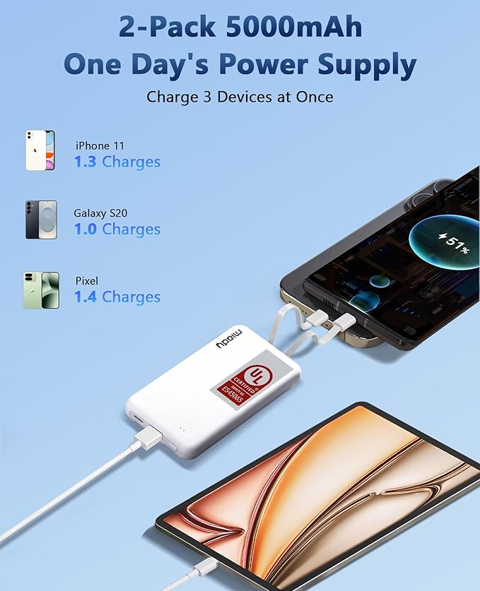 Miady 2-Pack Small Portable Charger UL Listed, 5000mAh Slim Power Bank Built-in 2 Cables Compatible with iPhone 17/16/15/14/13 Galaxy S24/S22 etc (Lake Green+Clove Purple)