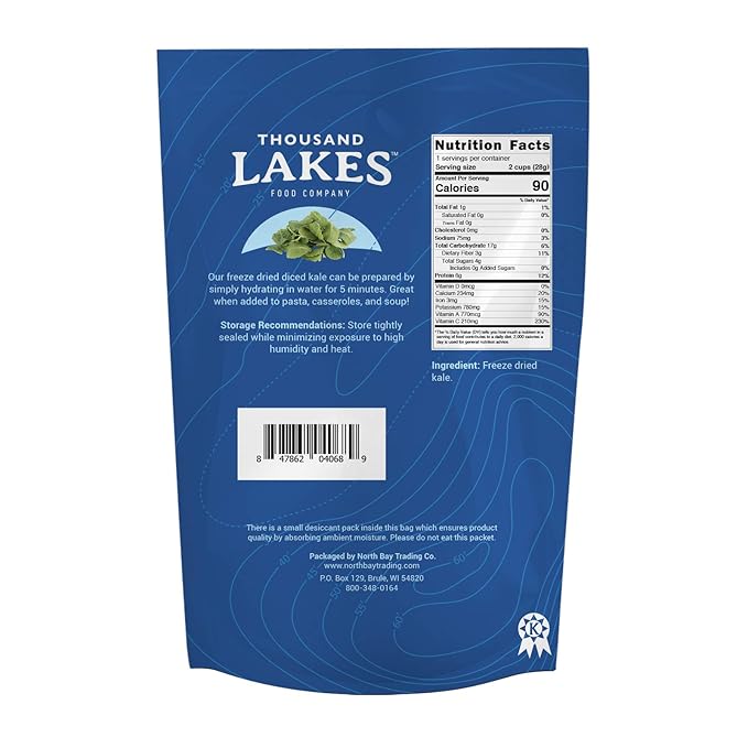 Thousand Lakes Freeze Dried Vegetables - Diced Kale 2-pack 1 ounce (2 ounces total) | 100% Kale Flakes | No Salt Added
