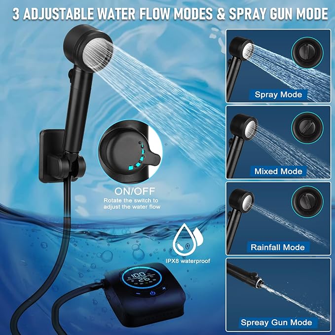 Portable Shower for Camping, [Upgraded] Spopal 8000mAh Rechargeable Camping Shower with 5 Adjustable Speeds, 4 Spray Modes, LED Display, IPX8 Waterproof Outdoor Shower Kit for Hiking, Travel, Car, Pet