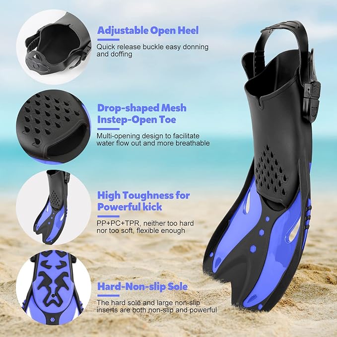 Youth Snorkel Set for Ages 7-16, Snorkeling Gear for Kids with Panoramic View Mask Anti-Fog Anti-Leak Full Dry Top Snorkel Fins Travel Bag for Swimming Diving