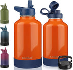 CIVAGO 64 oz Insulated Water Bottle With Straw, Half Gallon Stainless Steel Sports Water Flask Jug with 3 Lids (Straw, Spout and Handle Lid), Large Metal Thermal Cup Mug, Deep Orange