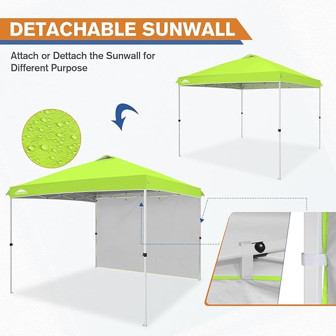 EAGLE PEAK Pop Up Canopy Tent with 1 Sidewall, Easy Setup Event Tent, Outdoor Sun Shade, Wheeled Carry Bag, Stakes and Guy Ropes, Instant Canopy 10x10, Neon Green
