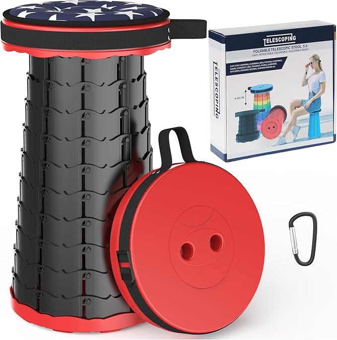 ALEVMOOM Telescoping Stool with Cushion, Portable Collapsible More Sturdy Capacity 440Ib, Retractable Collapsible Camping Adjustable Folding Stool for Hiking Garden BBQ