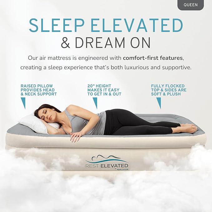 RestElevated Luxury Pillow Top Queen Size Air Mattress with Built in Pump | 20" Raised Height with Coil Beam Support | Adjustable Blow Up Air Bed | for Home, Guests and Camping [White with Grey Top]