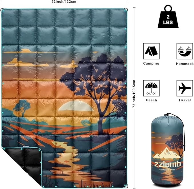 zzlamb Camping Blanket, Outdoor Lightweight Travel Blanket Puffy Portable Down Alternative, Windproof Warm Cloak with Snaps, Cozy Quilt Backpacking Picnic RV Plane Car Hammock Beach Climbing