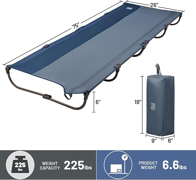 TIMBER RIDGE Lightweight Aluminum Camping Cot, 20-Second Quick Set-Up Folding Cot with Zipper Closure, Portable Carry Bag Included for Camping, Travel and Outdoors, Support up to 225lbs, Blue