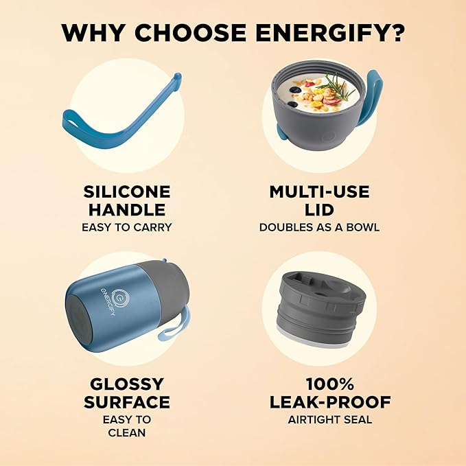 ENERGIFY Vacuum Insulated Food Jar. Large 17oz Bowl incl. Folding Spoon, Cup. Wide Mouth Keep Hot & Cold Drinks Soup Lunch Container for Adults. BPA-Free Stainless Steel, Leak Proof Shiny Blue