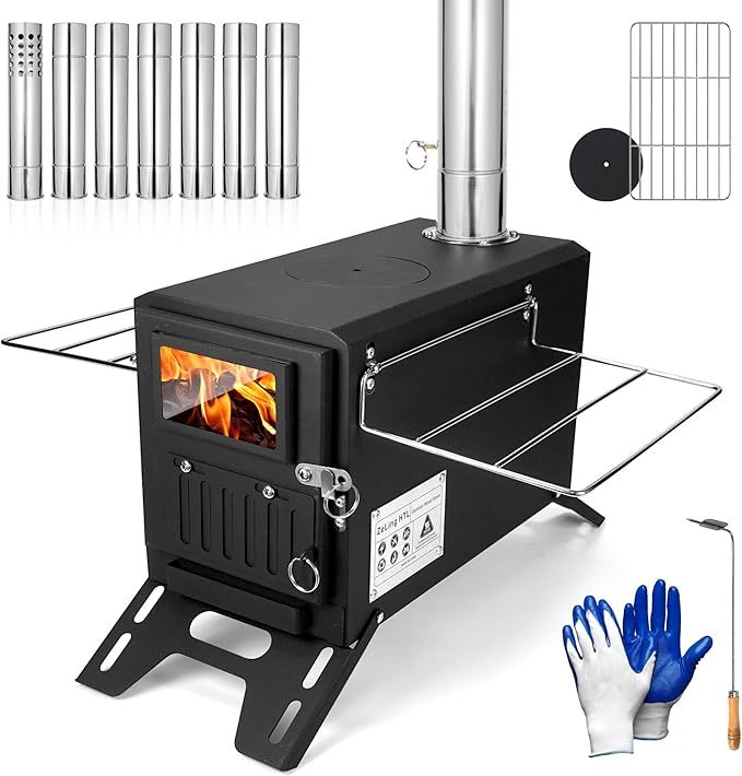 Camping Tent Stove – Portable Wood Burning Stove for Outdoor Camping, Hiking, Ice Fishing, and Hunting – Lightweight & Compact Design, Durable Stainless Steel Construction with Chimney Pipe