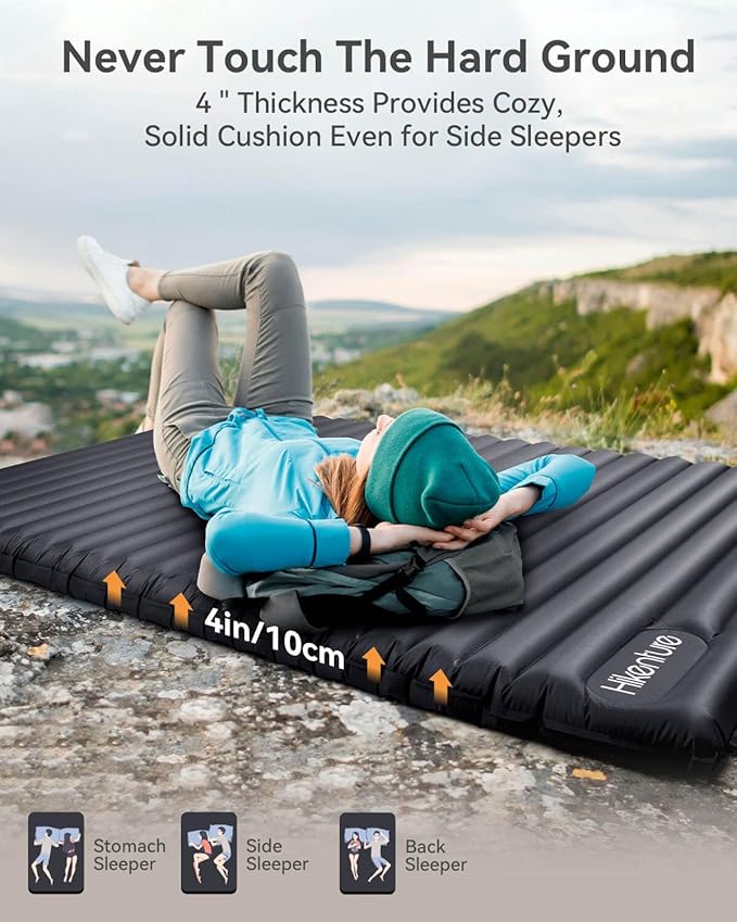 Hikenture Double Sleeping Pad for Camping, 4" Extra-Thick Camping Mattress 2 Person, Inflatable & Ultralight Sleeping Mat for Backpacking, Hiking (Grey Foot Pump, Full XL)