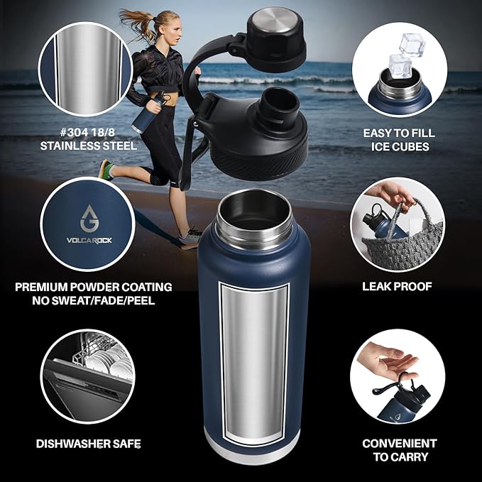 Sports Water Bottle 24/32/40/64Oz with Straw Lid Dustproof, 3 Lids, Vacuum Insulated Stainless Steel, Simple Thermo Flask, Modern Double Wall Hydro Metal Canteen- 40 Oz Navy Blue