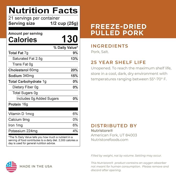 Nutristore Freeze-Dried Pulled Pork | Premium Emergency Survival Food | Long Shelf Life | Protein-Rich Prepper Pantry Staple | Beef, Chicken, Sausage, and More | Bulk Food Storage, 1-Pack